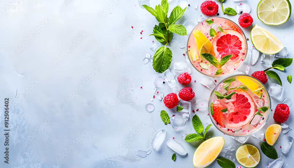Summer refreshing drink and ingredients, copy space Summer refreshing drink and ingredients, copy space