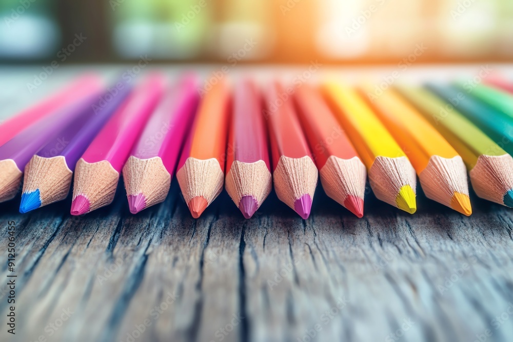 A vibrant array of colored pencils arranged neatly on a wooden surface, perfect for artistic and creative projects. A vibrant array of colored pencils arranged neatly on a wooden surface, perfect for artistic and creative projects.