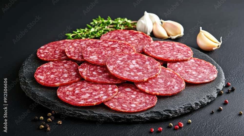Cured Meat Slices With Garlic and Herbs Arranged on a Slate Board Cured Meat Slices With Garlic and Herbs Arranged on a Slate Board
