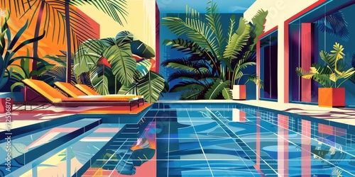 Tropical patio with a swimming pool.