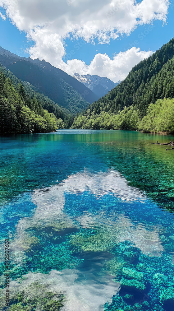 Crystal clear lakes and waterfalls of the valley, surrounded by lush forests and mountains. Generative AI Crystal clear lakes and waterfalls of the valley, surrounded by lush forests and mountains. Generative AI