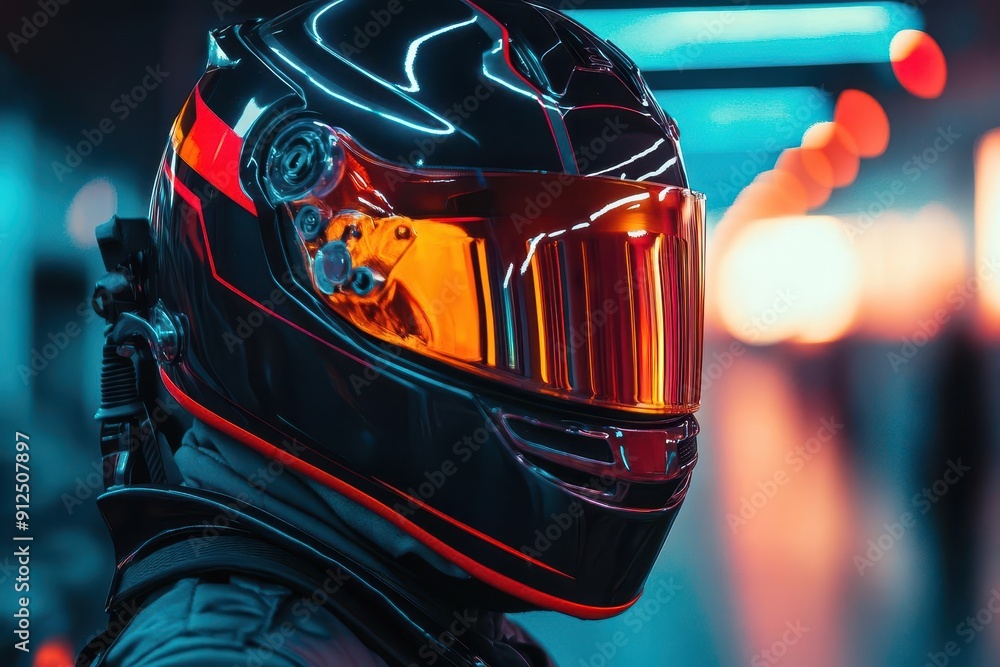 Fototapeta premium formula one driver in futuristic helmet visor reflecting neon racetrack dynamic composition captures intensity and focus moments before highspeed competition