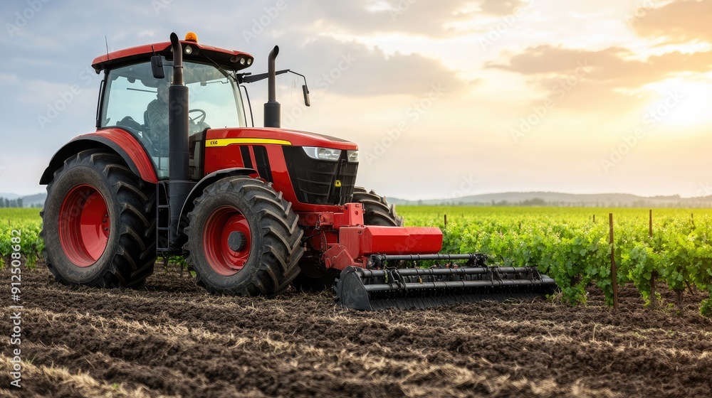 Red Tractor Tilling Soil in Vineyard During Sunset in Rural Landscape Red Tractor Tilling Soil in Vineyard During Sunset in Rural Landscape