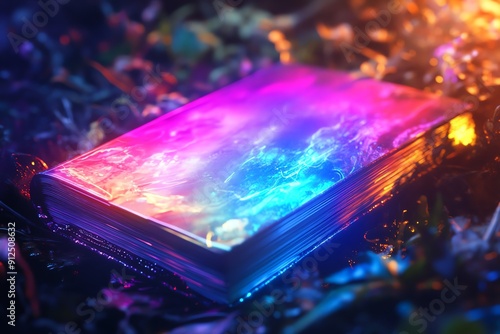 A vibrant, illuminated book rests amidst colorful foliage, reflecting a magical and enchanting atmosphere with a dreamy glow.