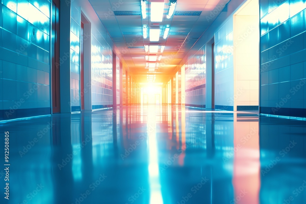 A vibrant hallway illuminated by soft blue and orange light, creating a serene atmosphere and inviting perspective. A vibrant hallway illuminated by soft blue and orange light, creating a serene atmosphere and inviting perspective.