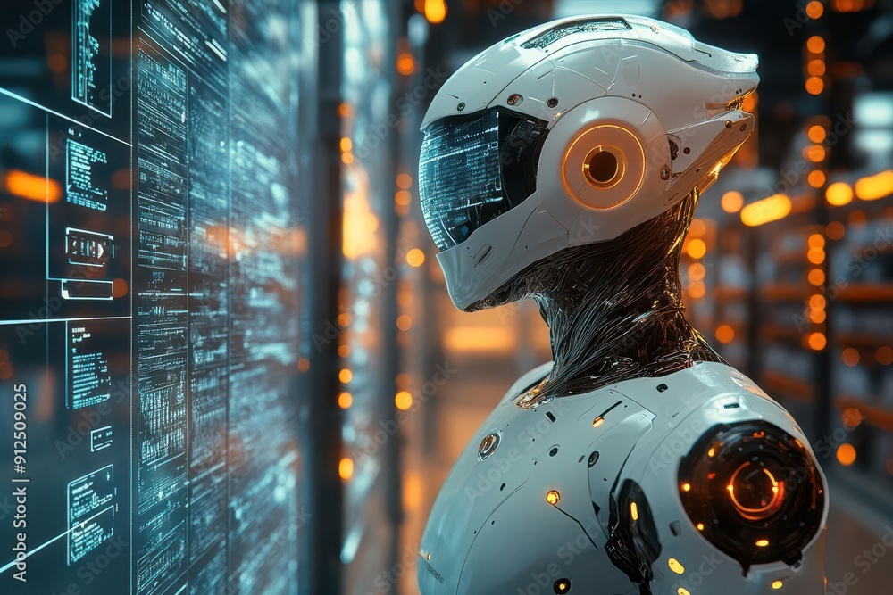 futuristic automated warehouse robotic arms conveyor belts holographic inventory displays workers with ar glasses sleek design efficient logistics hightech atmosphere futuristic automated warehouse robotic arms conveyor belts holographic inventory displays workers with ar glasses sleek design efficient logistics hightech atmosphere
