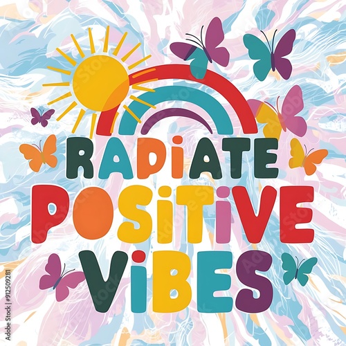 Radiate Positive Vibes colorful background and text (T-shirt Design Motivational Quote, Illustration ,Typography)