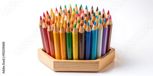 Vibrant assortment of colored pencils arranged in a wooden holder, standing upright against a clean white background, ready for creative expression and artistic endeavors.
