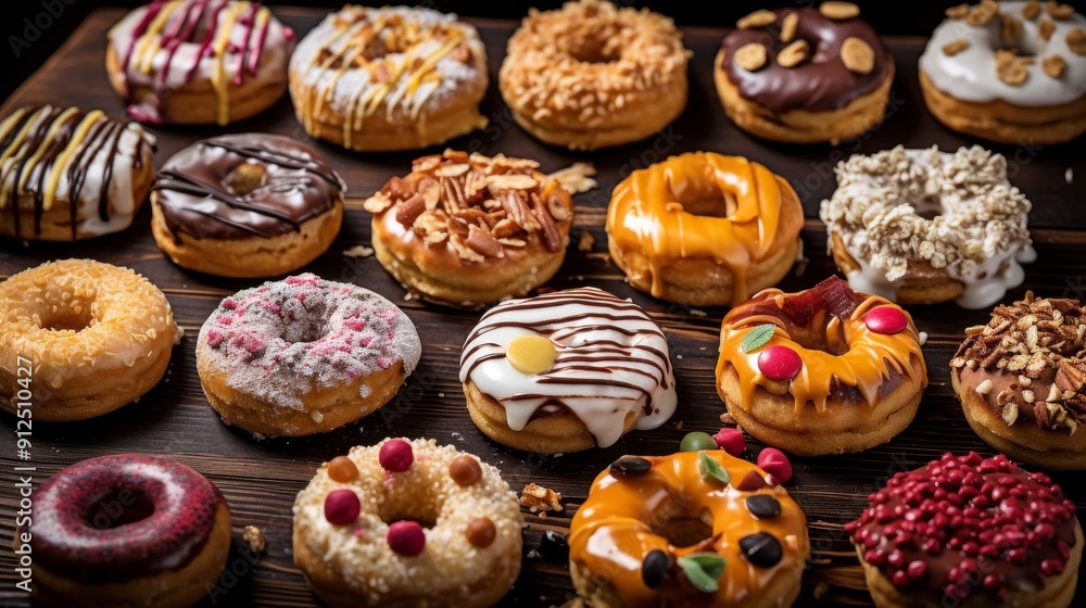 Collage of assorted donuts with various glazes and toppings in vibrant colors Collage of assorted donuts with various glazes and toppings in vibrant colors