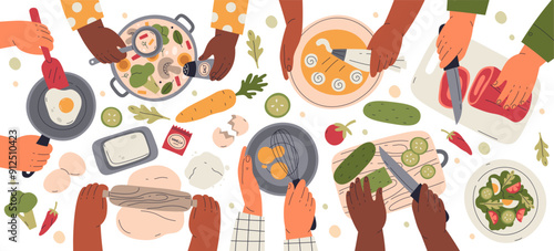 Hands cooking food using different utensils chopping cutting products mixing eggs, soup top view