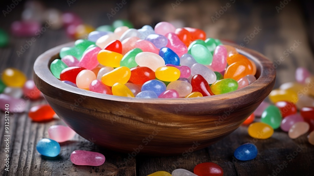Close up of pile of jelly beans in rustic bowl Close up of pile of jelly beans in rustic bowl