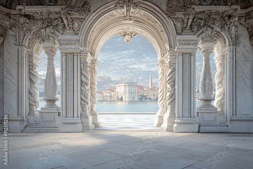 An elegant architectural archway frames a picturesque view of serene waters and historic buildings under a cloudy sky.