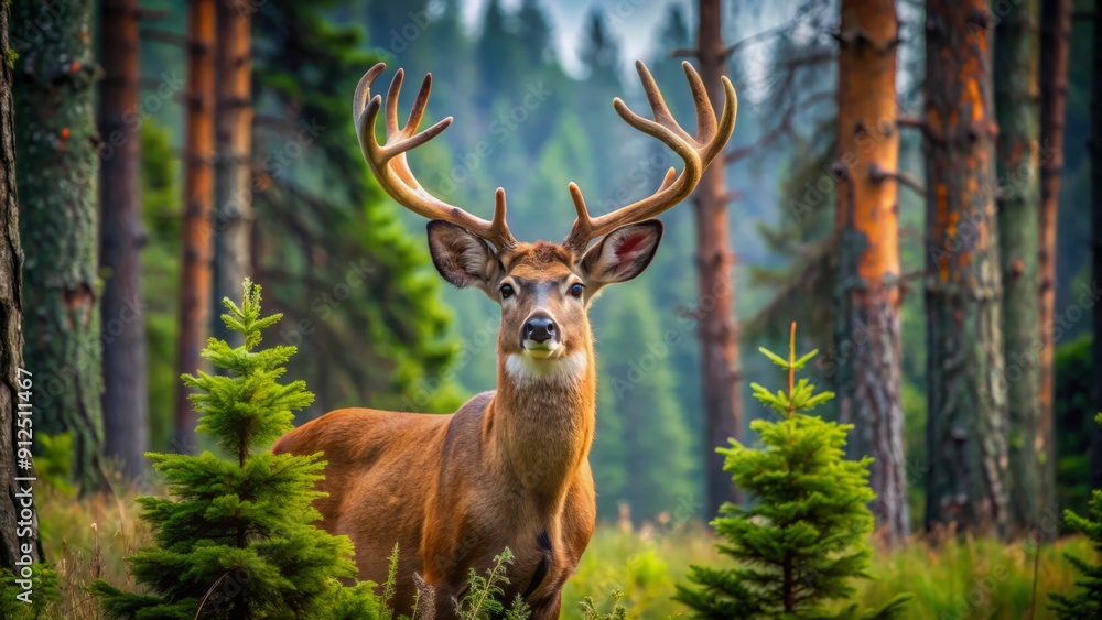Majestic buck deer with velvet-covered antlers stands regally among tall pine trees, serene forest backdrop accentuating its graceful form and natural elegance. Majestic buck deer with velvet-covered antlers stands regally among tall pine trees, serene forest backdrop accentuating its graceful form and natural elegance.