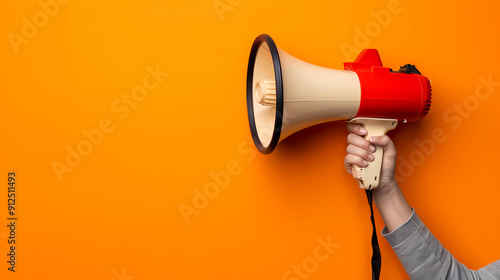 Hand holding megaphone, marketing and sales, orange background