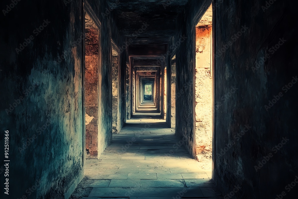 Obraz premium Captivating hallway with multiple doorways, illuminated by soft light, leading to an unknown destination, evoking mystery.