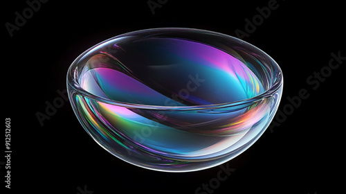 3D rendering of an abstract futuristic shape resembling a clear contact lens with an iridescent glass texture, floating on a black background. Features pastel colors in blue, purple, green, and pink.
