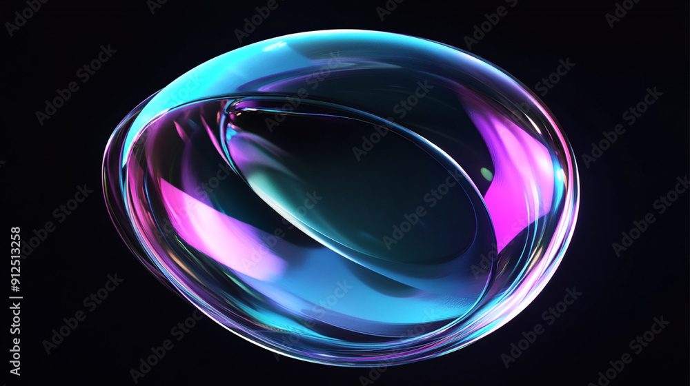 Obraz premium 3D rendering of an abstract futuristic shape resembling a clear contact lens with an iridescent glass texture, floating on a black background. Features pastel colors in blue, purple, green, and pink. 