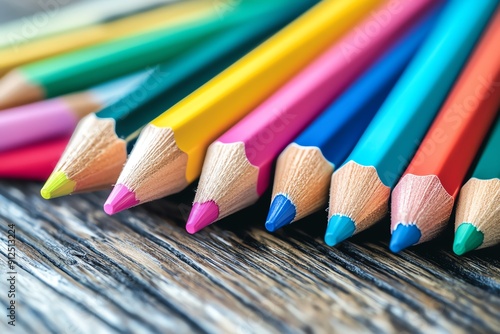 Colorful pencils arranged neatly on a wooden surface, ideal for art projects or school supplies, showcasing vibrant hues. photo