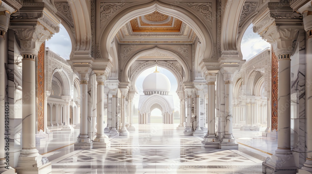 Fototapeta premium Elegant architectural design featuring stunning arches and intricate patterns in a serene palace setting.