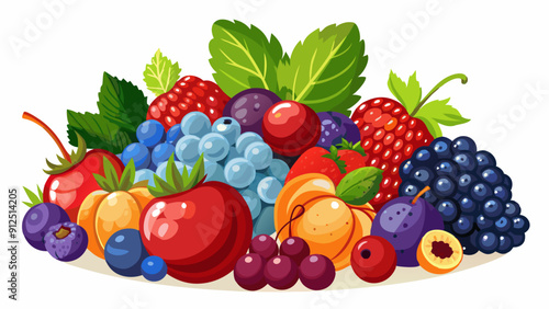 Berries set. Cherry, black currant, raspberry, gooseberry, blueberry, blackberry, strawberry, barberry, sea buckthorn. Fresh summer juicy berry. Flat Vector illustration isolated on white