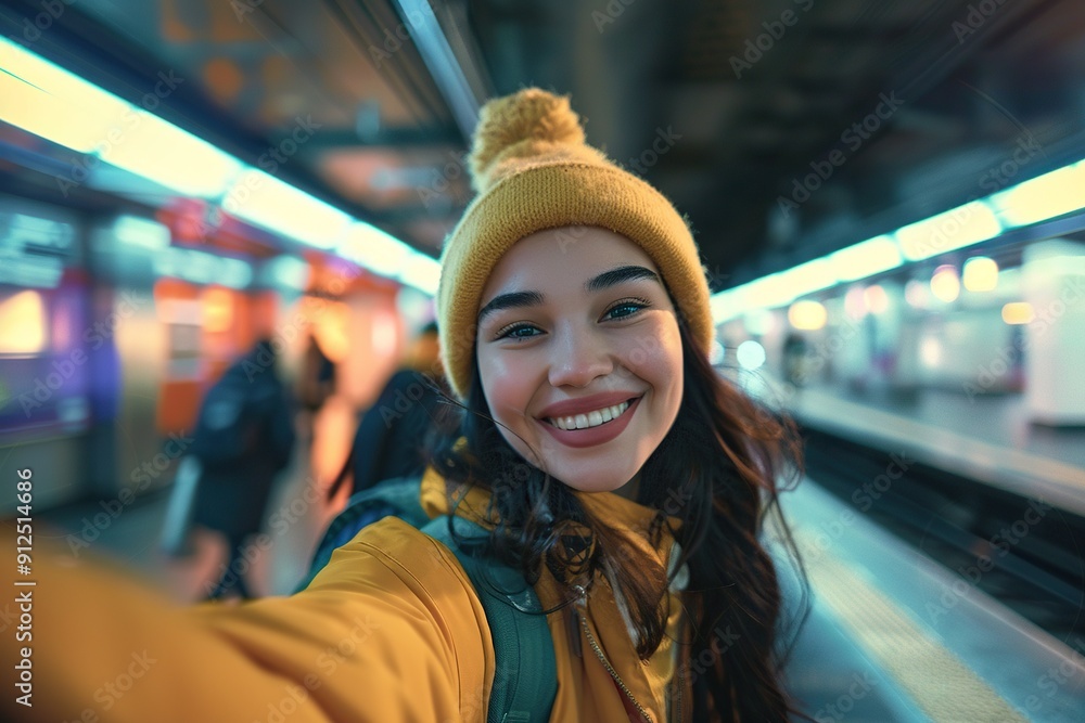 Happy and beautiful female woman smiling. Pretty young female walking and having fun in metro New York city Happy and beautiful female woman smiling. Pretty young female walking and having fun in metro New York city