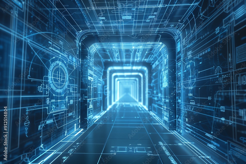 Futuristic digital corridor featuring glowing blue lines and intricate circuit designs, representing advanced technology and innovation. Futuristic digital corridor featuring glowing blue lines and intricate circuit designs, representing advanced technology and innovation.