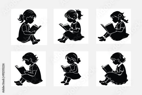 Cute Little Girl Reading Silhouette Illustrations
