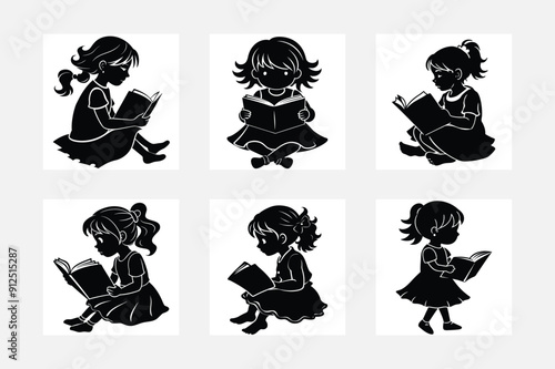 Artistic Little Girl Reading Silhouette Set

