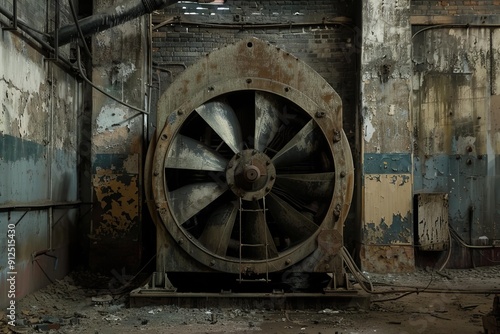 Large rusty industrial fan is sitting in an abandoned factory, showing the decay of time