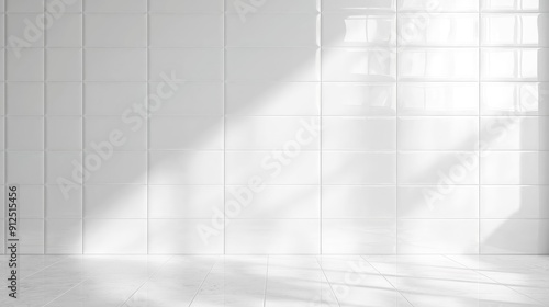 White ceramic tile table with empty space and sunlight. kitchen white background podium table for product placement and design. White room with tile wall and sunlight