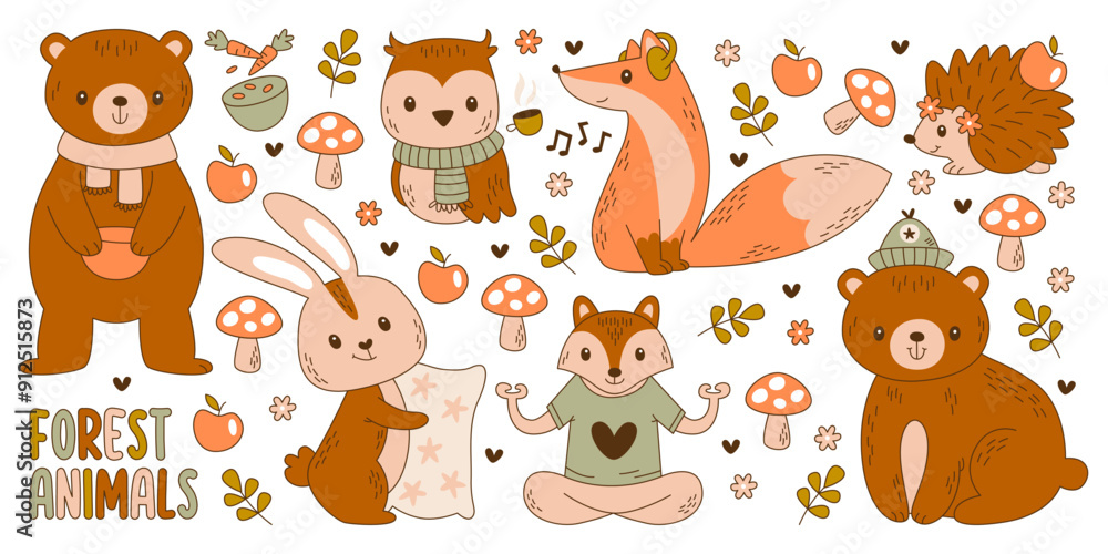Naklejka premium Cute childish forest animals characters little autumn woodland inhabitant vector illustration