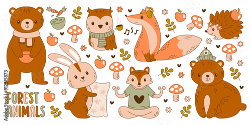 Cute childish forest animals characters little autumn woodland inhabitant vector illustration