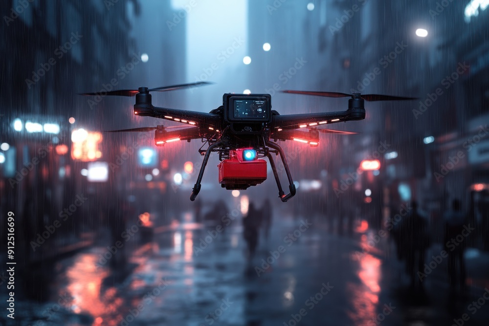 A drone flies through a rainy urban environment at night, its bright red medical package highlighted against the dark cityscape, reflecting modern emergency response technology. A drone flies through a rainy urban environment at night, its bright red medical package highlighted against the dark cityscape, reflecting modern emergency response technology.