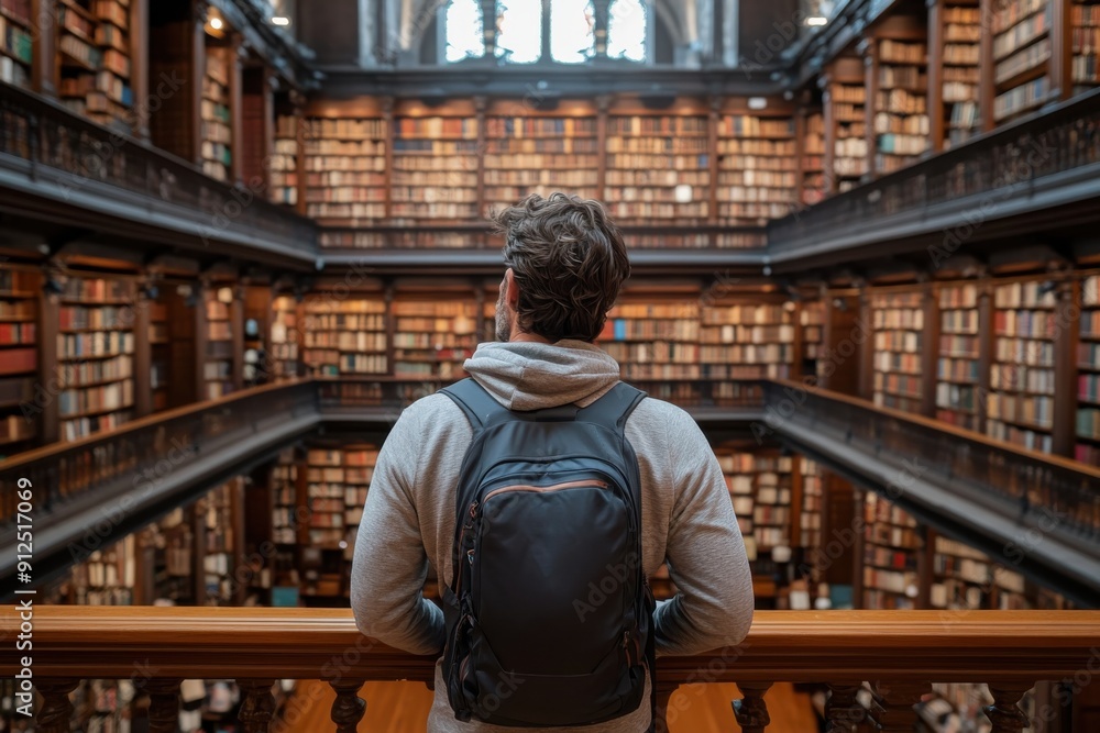 A person with a backpack stands on a balcony in an ornate, multi-level library, admiring the extensive collection of books that line the shelves in front of them. A person with a backpack stands on a balcony in an ornate, multi-level library, admiring the extensive collection of books that line the shelves in front of them.