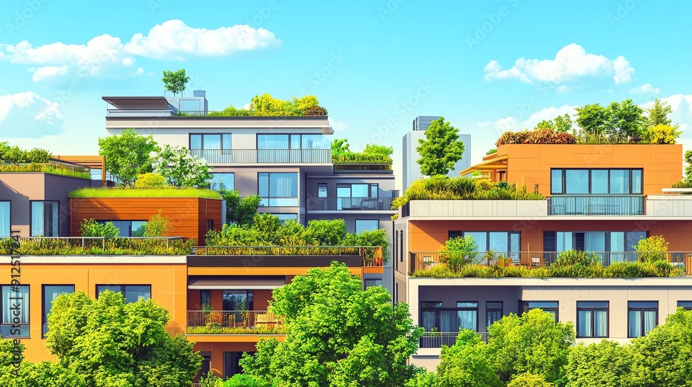 Obraz premium Modern residential buildings with green rooftops and vibrant exteriors, showcasing sustainable architecture in a sunny environment.