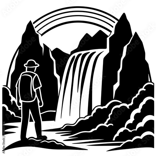 A Silhouette of a Hiker Standing in Front of a Cascade