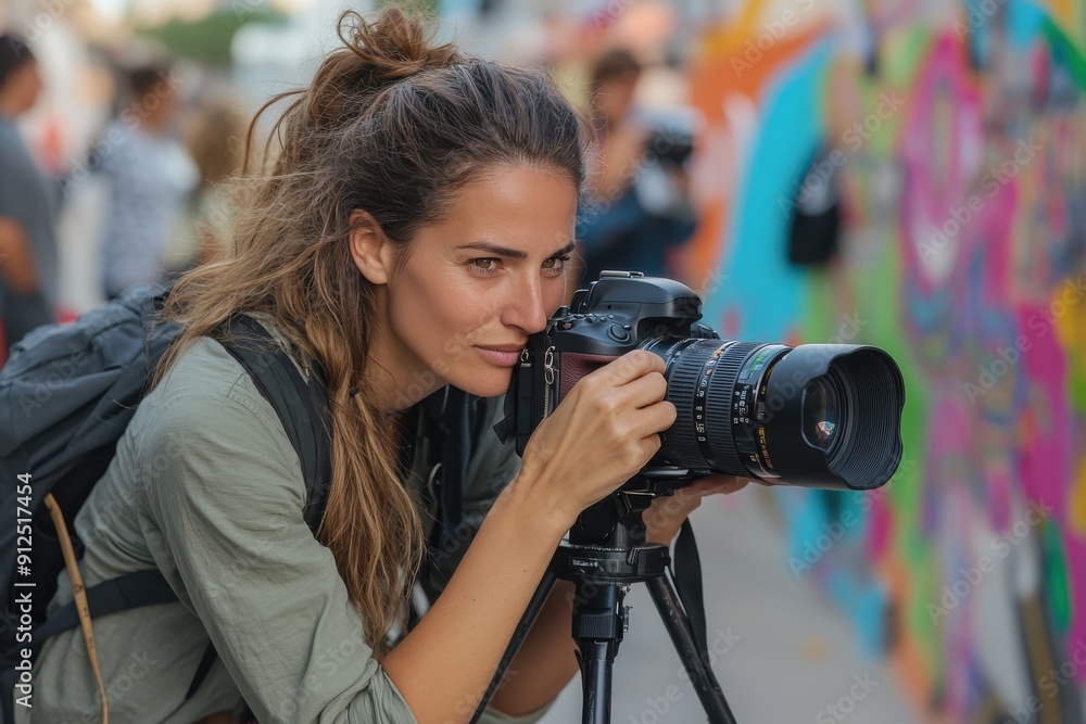 Naklejka premium A dedicated woman photographer adjusts her camera on a tripod capturing the essence of an outdoor art scene. Her focus and commitment to her craft are evident.