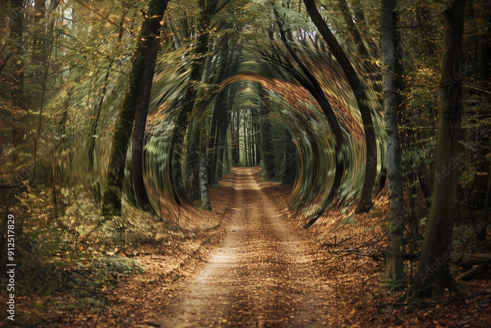 Obraz premium Serene forest path surrounded by lush trees and fallen leaves, inviting nature lovers to explore its tranquil beauty.