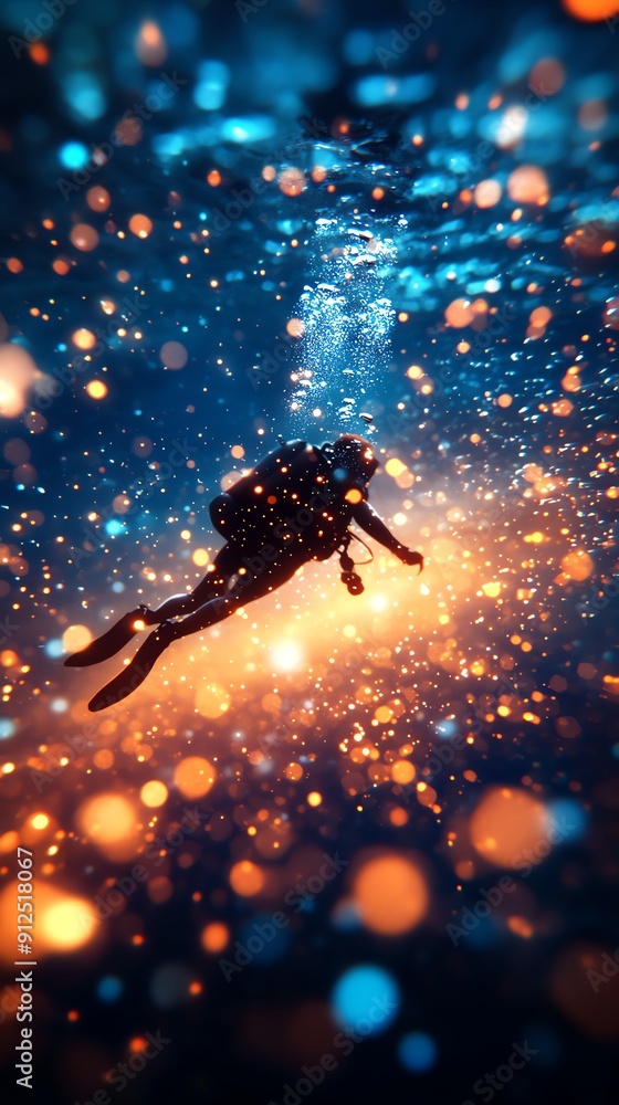 A mesmerizing rear view of a diver exploring a vibrant underwater fantasy world A mesmerizing rear view of a diver exploring a vibrant underwater fantasy world