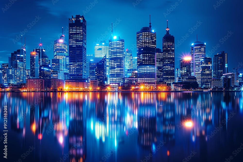Fototapeta premium Stunning city skyline at night with illuminated buildings reflected in water, creating a vibrant urban landscape.