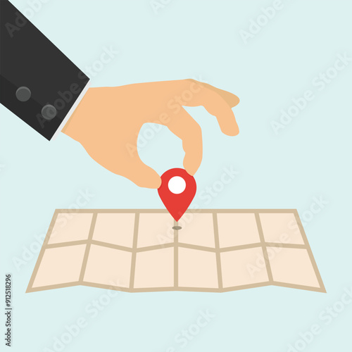 Hand placing a location pin marker on a paper map. Vector illustration