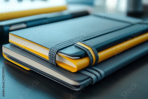 Stylish notebooks with sleek designs in blue and yellow, perfect for organization and creativity in any workspace.