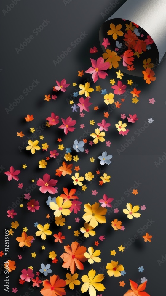 Simple abstract artwork with dynamic light and paper flowers on black background. Simple abstract artwork with dynamic light and paper flowers on black background.