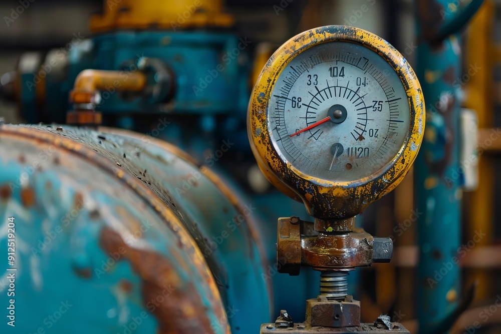 Old weathered pressure gauge is measuring pressure on industrial pipeline Old weathered pressure gauge is measuring pressure on industrial pipeline