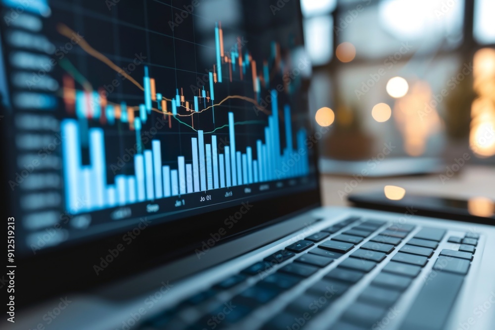 Close up of a 3D graph growing upwards on laptop screen Close up of a 3D graph growing upwards on laptop screen