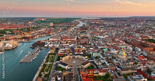 Aerial drone view of Amalienborg Palace, Frederik's Church and the city centre of Copenhagen, Denmark