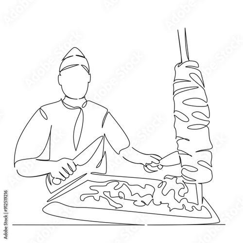One continuous single drawing line art flat doodle restaurant, kebab, shawarma, meat, man, cooking, chef, grill, food. Isolated image hand draw contour on a white background
