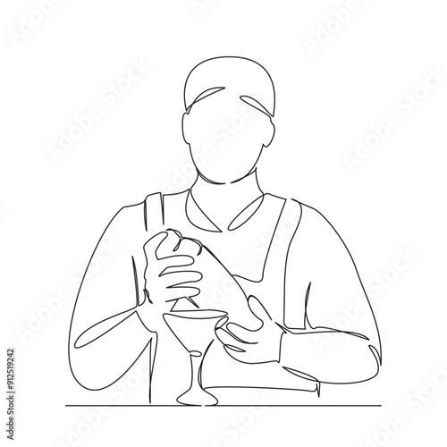 One continuous single drawing line art flat doodle bar, bartender, drink, club, cocktail, alcohol, beverage, liquor. Isolated image hand draw contour on a white background