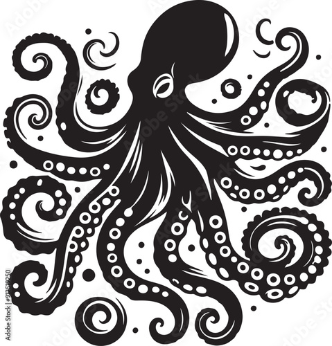 octopus silhouette black set isolated on white background.eps