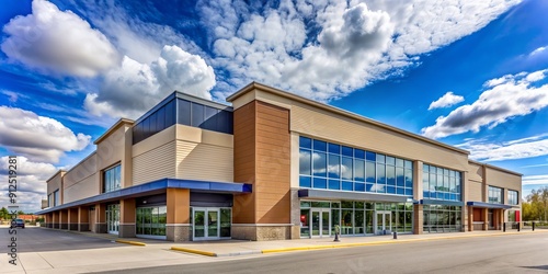 Modern big-box retail store exterior featuring a prominent logo and signage against a blue sky with a few puffy white clouds in suburban Toronto. photo